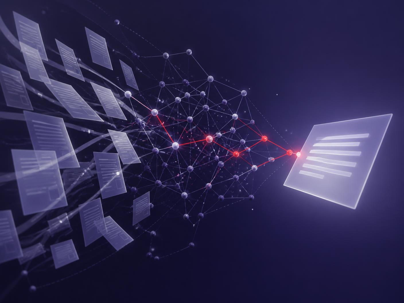 Abstract render of translucent document pages flowing through a node constellation into a single highlighted answer surface, with red evidence paths.
